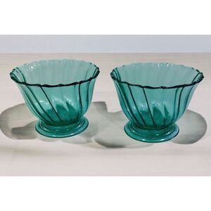 Vintage JEANNETTE Swirl Footed Sherbet/Dessert Bowls Teal Ultramarine Set Of 2